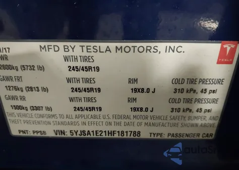 2017 Tesla Model S 100D/60D/75D/90D/P100D from USA, damaged, VIN 5YJSA1E21HF181788